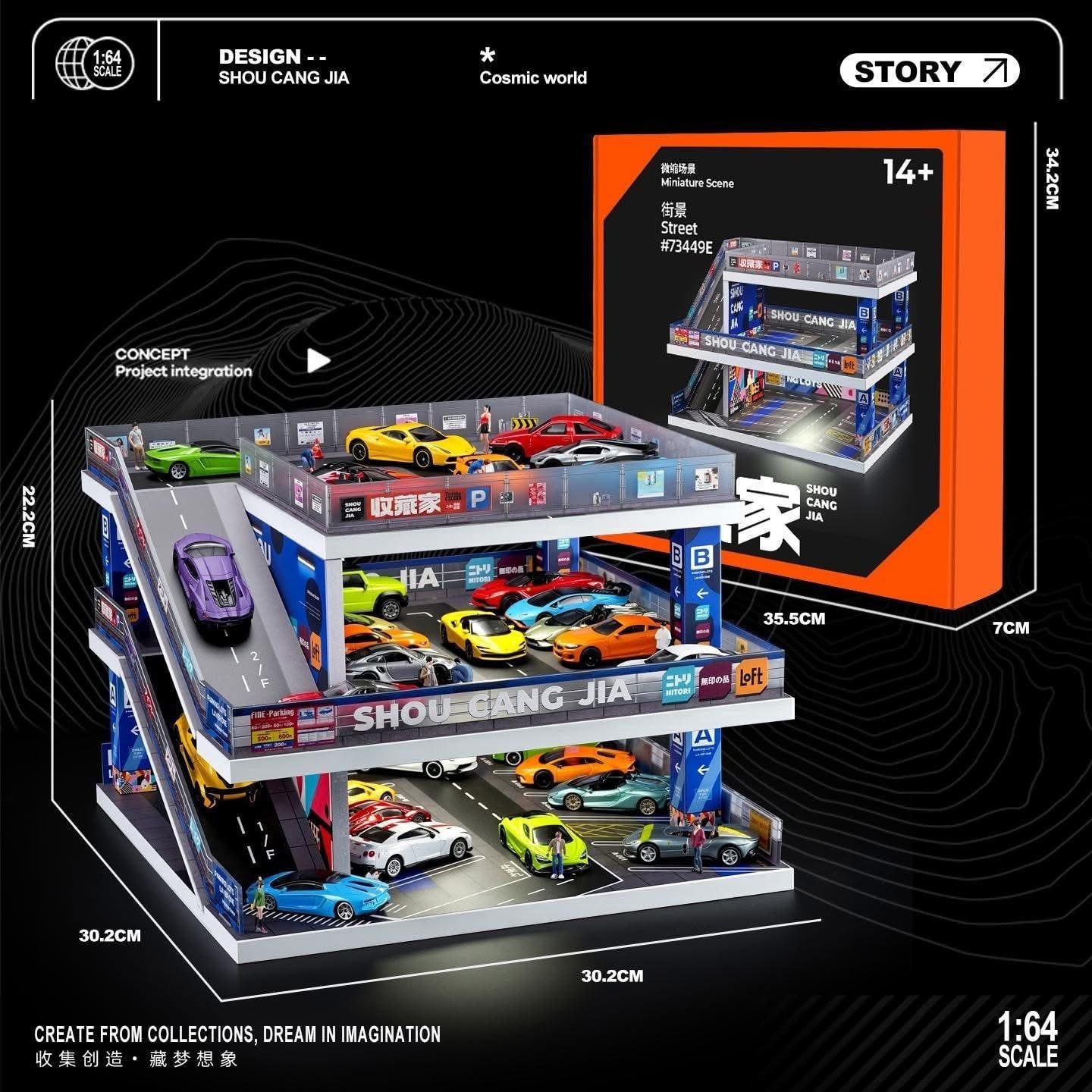  Hộp trưng bày mô phỏng garage trưng bày xe 3 tầng có dốc kích thước 30.2x30.2x22.2 tỉ lệ 1:64 SHOU CANG JIA SVJ-73449 