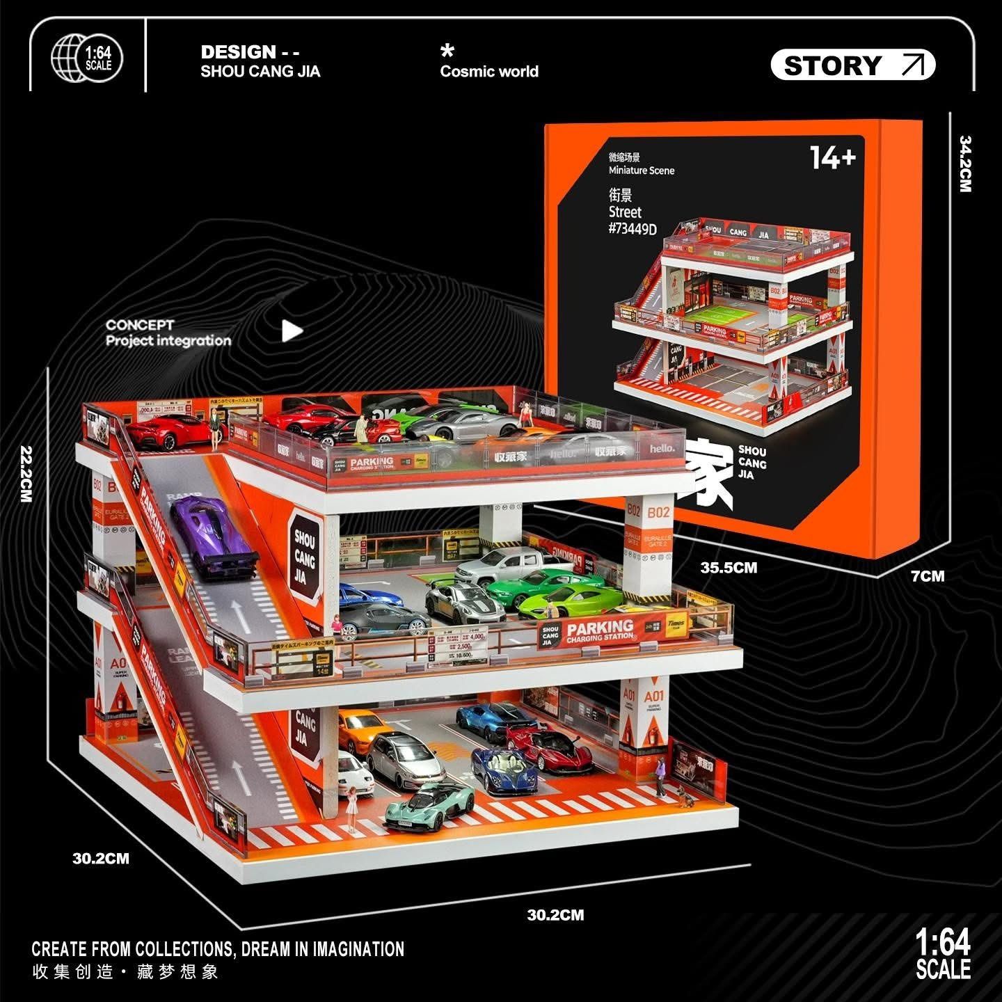  Hộp trưng bày mô phỏng garage trưng bày xe 3 tầng có dốc kích thước 30.2x30.2x22.2 tỉ lệ 1:64 SHOU CANG JIA SVJ-73449 