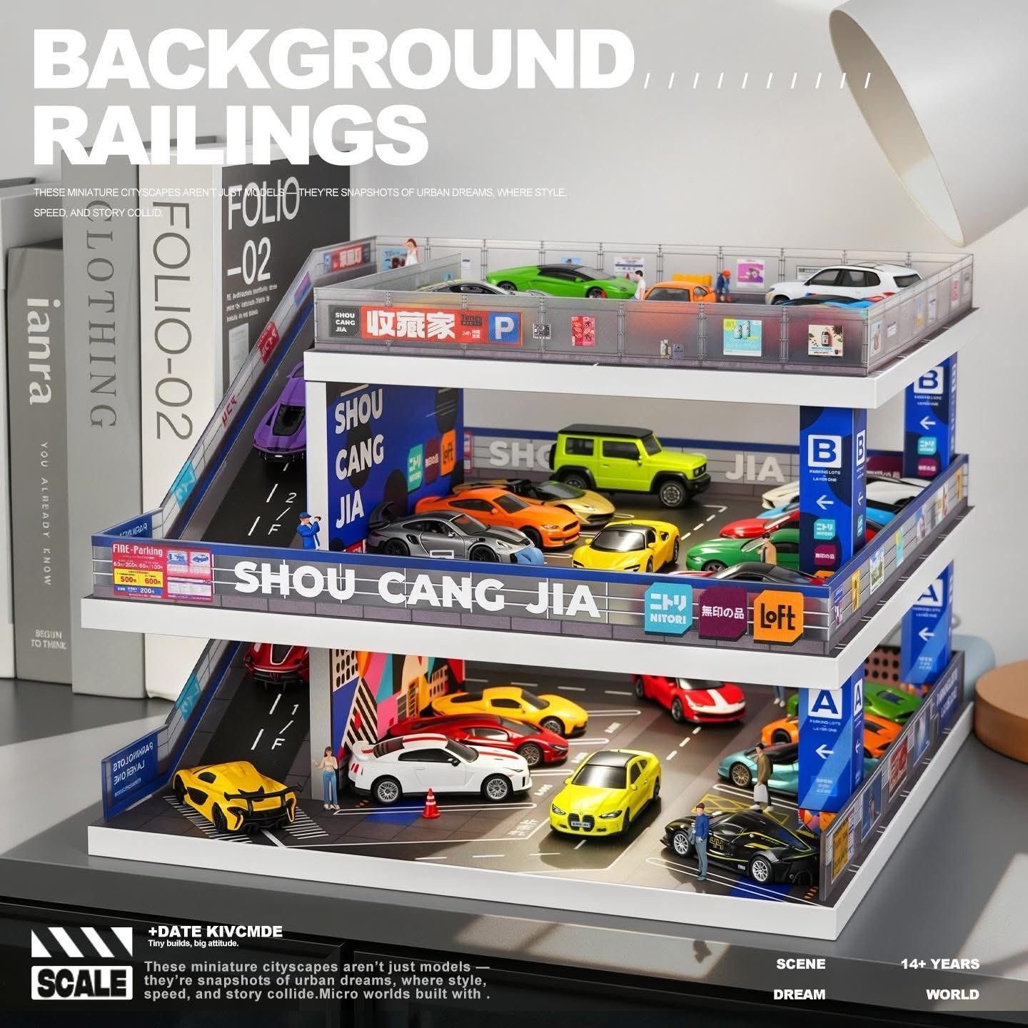  Hộp trưng bày mô phỏng garage trưng bày xe 3 tầng có dốc kích thước 30.2x30.2x22.2 tỉ lệ 1:64 SHOU CANG JIA SVJ-73449 