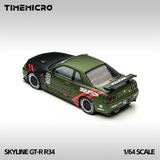  Mô hình xe Nissan Skyline GT-R R34 Disruption matt green mở được capo tỉ lệ 1:64 Time micro TM646317 