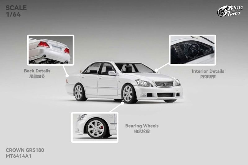  Mô hình xe tỉ lệ 1:64Toyota Crown Athlete GRS184 Metallic White Limited To 999pcs Micro Turbo MT6414A1 