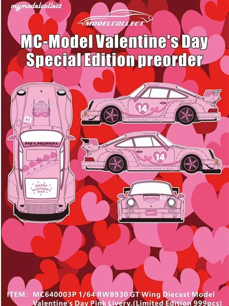  Mô hình xe Porsche 930 RWB GT wing Valentine's Day pink livery limited 999pcs tỉ lệ 1:64 Mymodelcollect MC640003P 