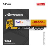  Mô hình xe Mercedes-Benz Actros MP4 Yellow đầu kéo đi kèm 2 thùng container Fedex + DHL tỉ lệ 1:64 Cool Car CC646739 
