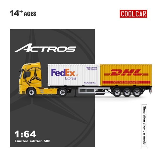  Mô hình xe Mercedes-Benz Actros MP4 Yellow đầu kéo đi kèm 2 thùng container Fedex + DHL tỉ lệ 1:64 Cool Car CC646739 