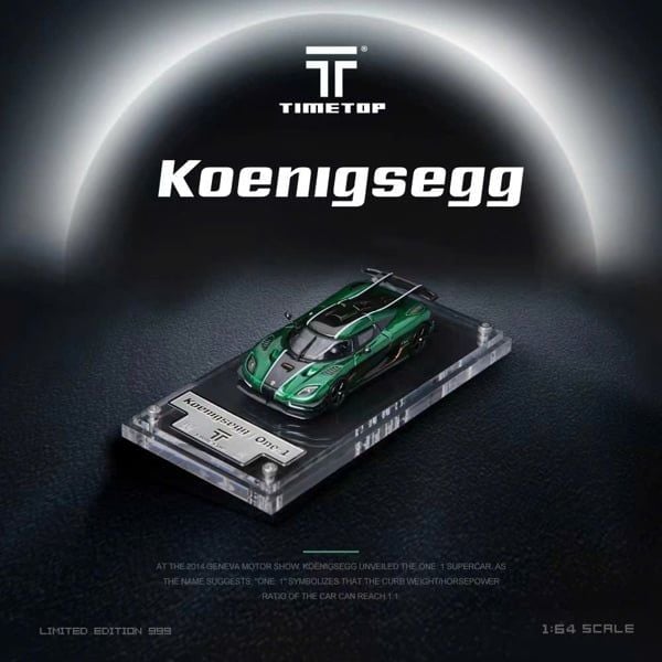 Mô hình xe ô tô Koenigsegg One:1 Green mở được nắp máy tỉ lệ 1:64 Timetop TT644813 