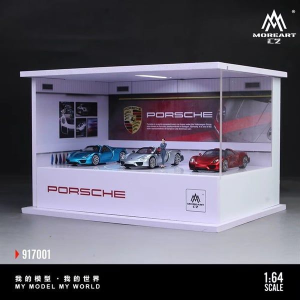  Hộp trưng bày mô phỏng showroom Porsche có bàn xoay - đèn kèm nhân vật kích thước 20 cm x 15 cm x 13 cm tỉ lệ 1:64 MoreArt MO917001 