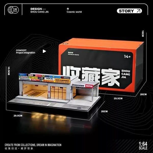  Hộp trưng bày mô phỏng xưởng sửa xe hiện đại 19.7x10x10 tỉ lệ 1:64 SHOU CANG JIA SCJ82025-A 