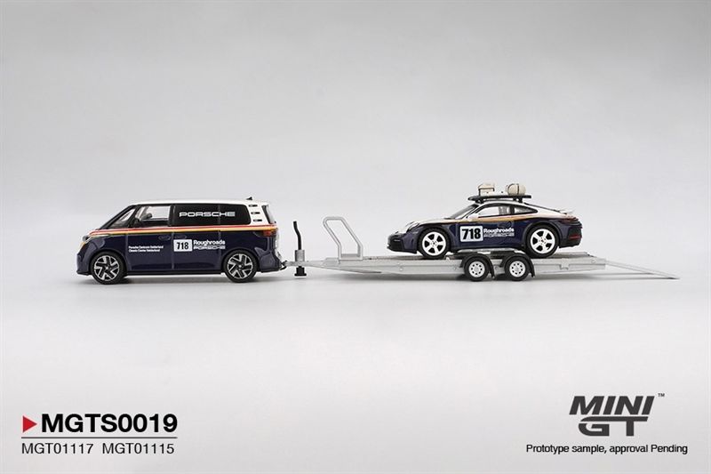  Mô hình xe Porsche 911 Dakar #718 / Volkswagen ID. Buzz Porsche Centrum Gelderland Roughroads Set tỉ lệ 1:64 MiniGT MGTS0019 