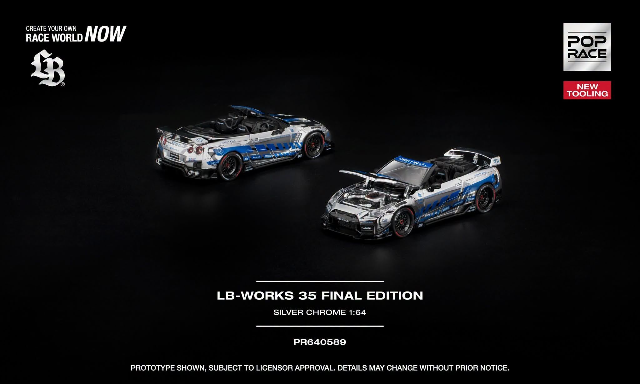  Mô hình xe Nissan LB-Works 35GT-R Final Edition Silver Chrome tỉ lệ 1:64 Pop Race PR640589 