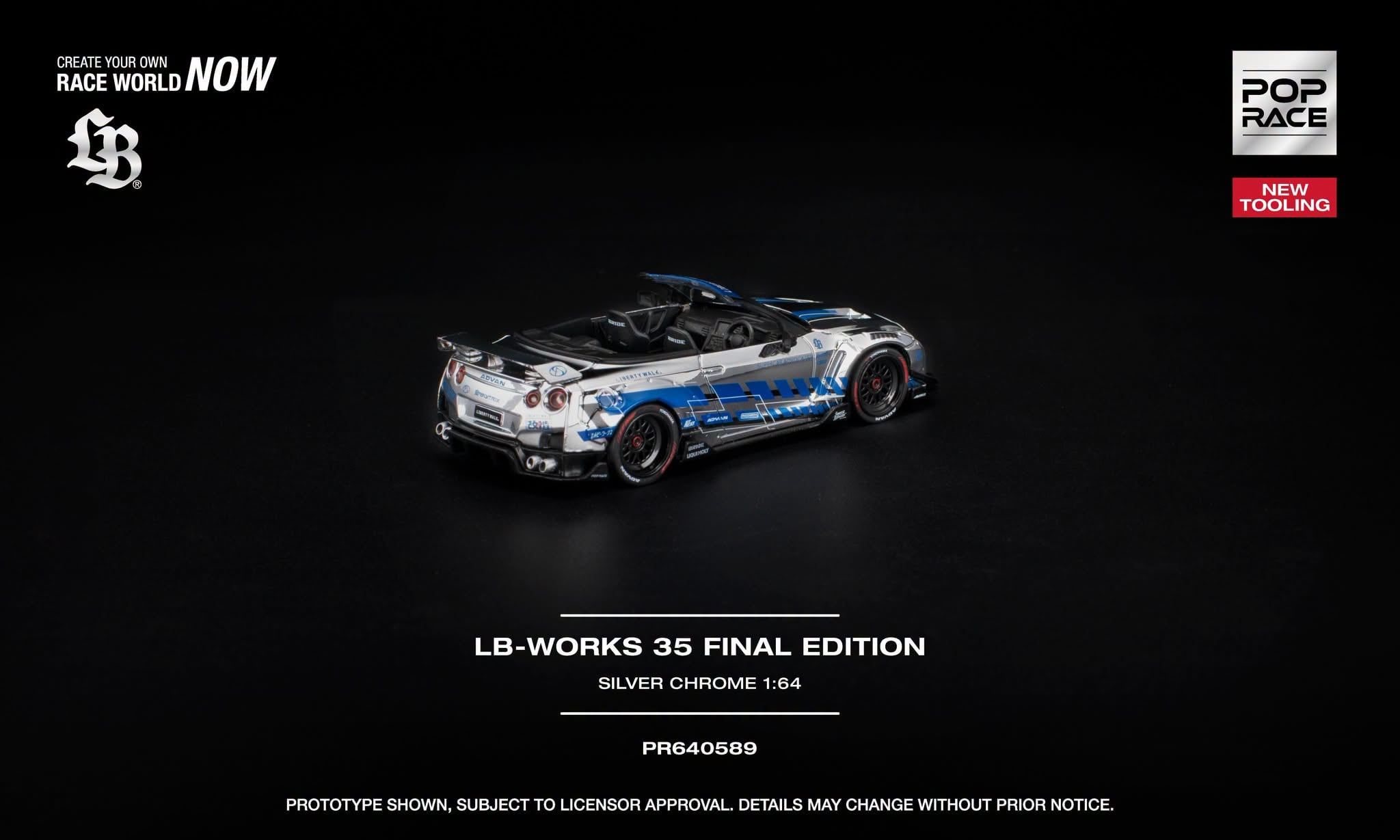  Mô hình xe Nissan LB-Works 35GT-R Final Edition Silver Chrome tỉ lệ 1:64 Pop Race PR640589 