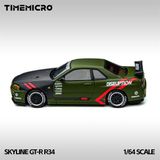  Mô hình xe Nissan Skyline GT-R R34 Disruption matt green mở được capo tỉ lệ 1:64 Time micro TM646317 