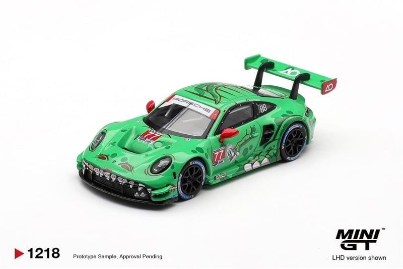 Mô hình xe Porsche 911 GT3 R (992) #77 AO Racing 2025 IMSA Sebring 12 Hrs Class Winner bản card tỉ lệ 1:64 MiniGT MGT01218 