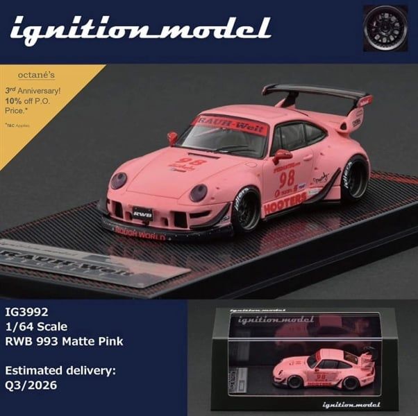  Mô hình xe Porsche RWB 993 Matte Pink 98 Hooters tỉ lệ 1:64 Ignition Model IG3992 