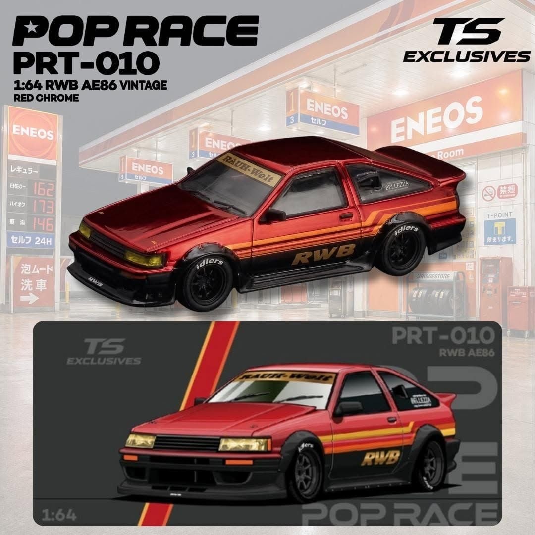  Mô hình xe Toyota RWB AE86 Vintage Red Chrome tỉ lệ 1:64 Pop Race PRT010 