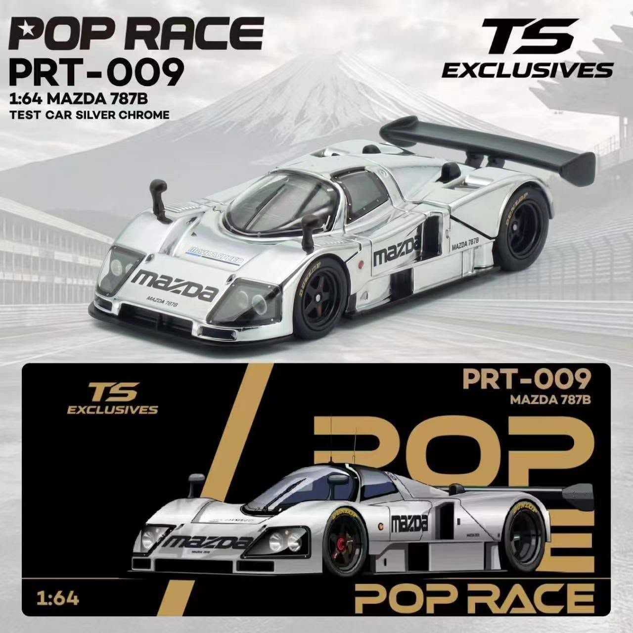  Mô hình xe Mazda 787B Test Car Silver Chrome tỉ lệ 1:64 Pop Race PRT009 