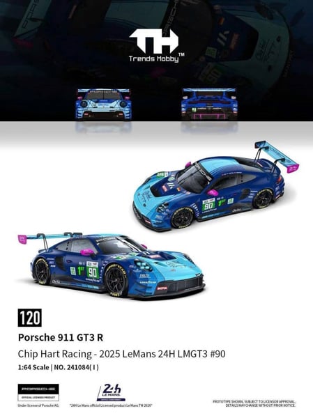  Mô hình xe Porsche 911 GT3 R Chip Hart Racing 2025 Lemans 24h LMGT3 #90 tỉ lệ 1:64 Trends Hobby 241084 