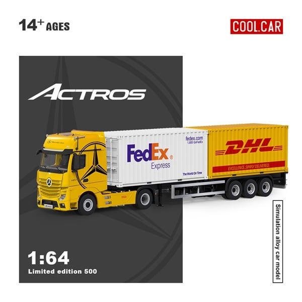  Mô hình xe Mercedes-Benz Actros MP4 Yellow đầu kéo đi kèm 2 thùng container Fedex + DHL tỉ lệ 1:64 Cool Car CC646739 