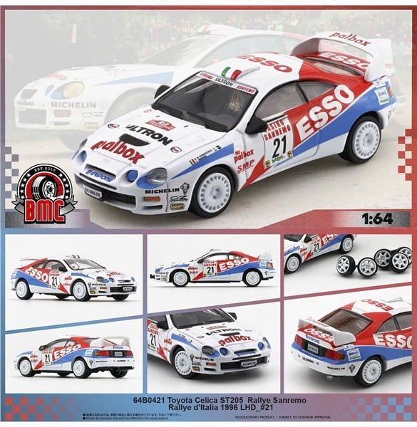  Mô hình Toyota Celica ST205 -Rallye Sanremo -Rallye d'Italia 1996 LHD_#21 (ESSO) tỉ lệ 1:64 BMC model 64B0421 