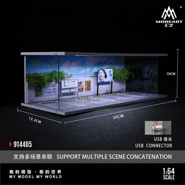  Hộp trưng bày mô phỏng bãi đổ xe có đèn, mica, kèm dây đèn tỉ lệ 1:64 MoreArt MO914405 