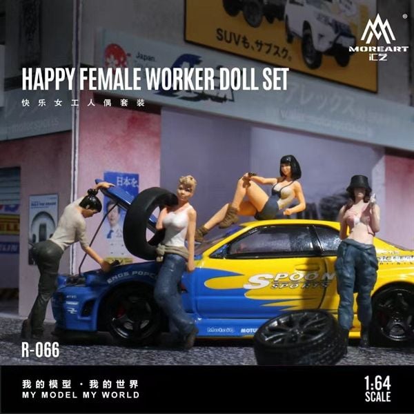  Mô hình nhân vật figure set 4 người nữ thợ sửa xe Happy Female Doll Set Simulation Resin tỉ lệ 1:64 MoreArt MO223066 