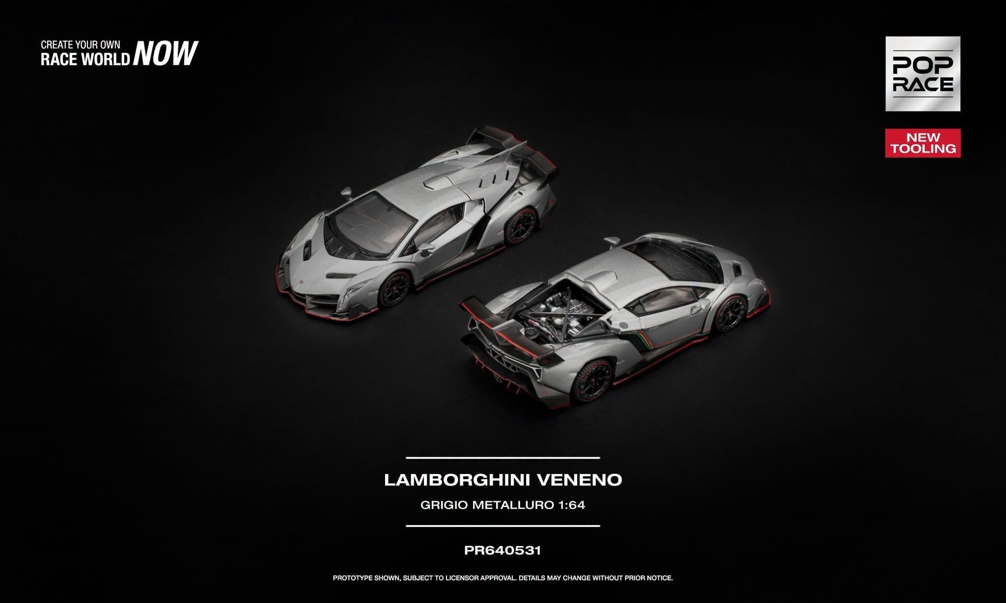  Mô hình xe Lamborghini Veneno - Grigio Metalluro tỉ lệ 1:64 Pop Race PR640531 