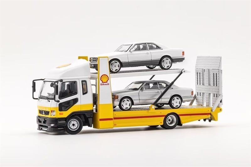  Mô hình xe Mitsubishi FUSO Truck Double Decker Car Carrier SHELL (Yellow / White) tỉ lệ 1:64 GCD Model OT64505 