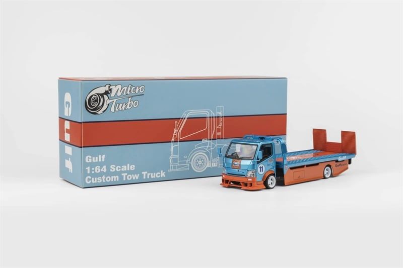  Mô hình xe tải sàn trượt - chở xe H300 Custom truck Gulf Blue/Orange tỉ lệ 1:64 Micro Turbo MT6405A7 