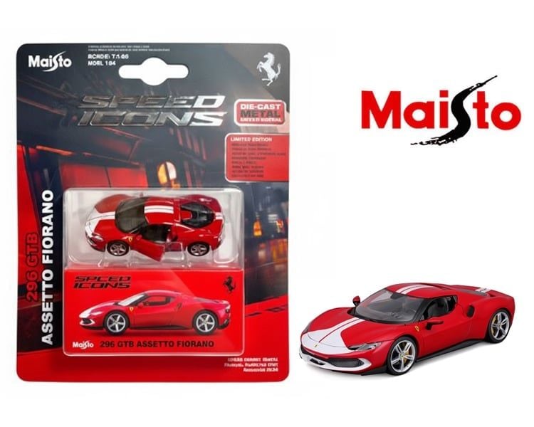  Mô hình xe Ferrari 296 GTB Assetto Fiorano Red/Silver stripes - Speed Icon bản card tỉ lệ 1:64 Maisto 15704 