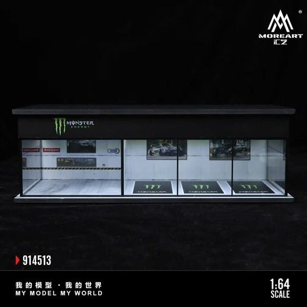  Hộp trưng bày mô phỏng showroom garage Monster Energy có đèn - mica kích thước 30cm x 15cm x 10cm tỉ lệ 1:64 MoreArt MO914513 