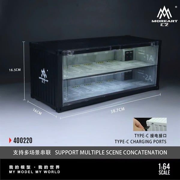  Hộp trưng bày mô phỏng container bãi đỗ - parking lot 2 tầng có đèn - thang máy hộp kích thước 38,7cm x 16cm x 16,5cm tỉ lệ 1:64 MoreArt MO400220 