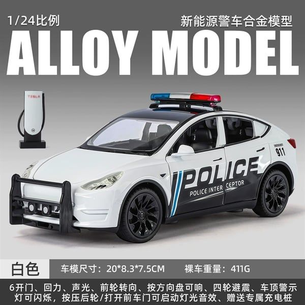  Mô hình xe Tesla Model Y cảnh sát kèm trụ sạc full open - có đèn - âm thanh tỉ lệ 1:24 Alloy Model OT24104 