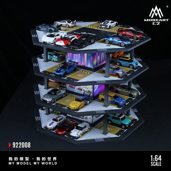  Hộp trưng bày mô phỏng bãi đổ xe 4 tầng - 4 mặt hình lục giác có đèn Octagonal Building Parking Lot tỉ lệ 1:64 MoreArt MO922008 