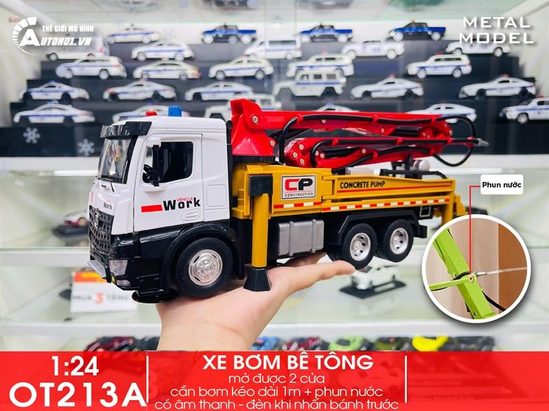  Đồ trang trí để bàn, mô hình ô tô, chất liệu chính bằng nhựa kết hợp sắt kt 25*13*9.5cm +/-10% - Xe công trình- bơm bê tông tỉ lệ 1:24 Metal DieCast OT213 