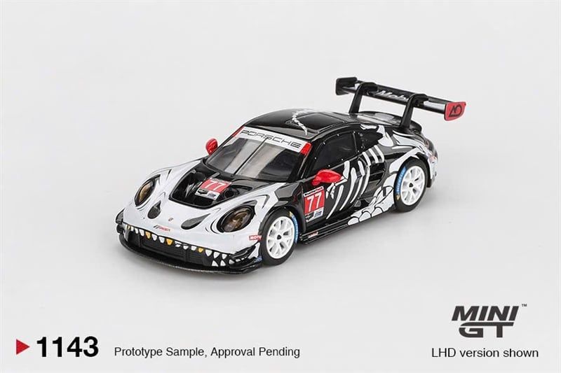  Mô hình xe Porsche 911 GT3 R #77 AO Racing 2025 IMSA Petit Le Mans bản card tỉ lệ 1:64 MiniGT MGT01143 