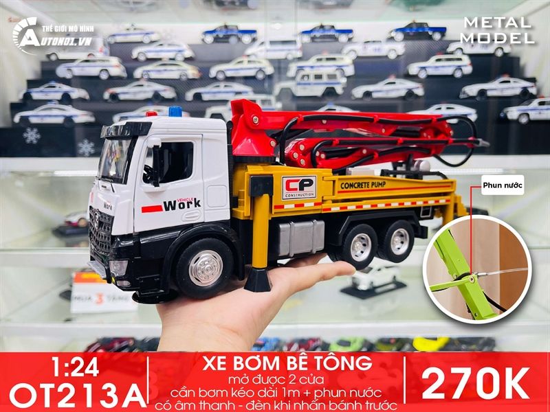  Đồ trang trí để bàn, mô hình ô tô, chất liệu chính bằng nhựa kết hợp sắt kt 25*13*9.5cm +/-10% - Xe công trình- bơm bê tông tỉ lệ 1:24 Metal DieCast OT213 