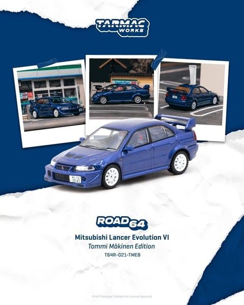  Mô hình xe Mitsubishi Lancer Evolution VI Tommi Mäkinen Edition Blue tỉ lệ 1:64 Tarmac Works T64RR-021-TMEB 