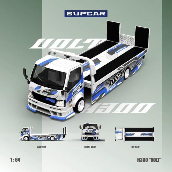  Mô hình xe tải thớt cứu hộ H300 Flatbed Trailer – Original Design ADVAN “VOLT” Blue and White Livery Die-Cast Car Model tỉ lệ 1:64 ModernArt SC647237 