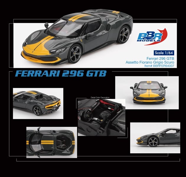  Mô hình xe ô tô Ferrari 296 GTB Assetto Fiorano Grigio Scuro tỉ lệ 1:64 BBR model BBRFER64007 