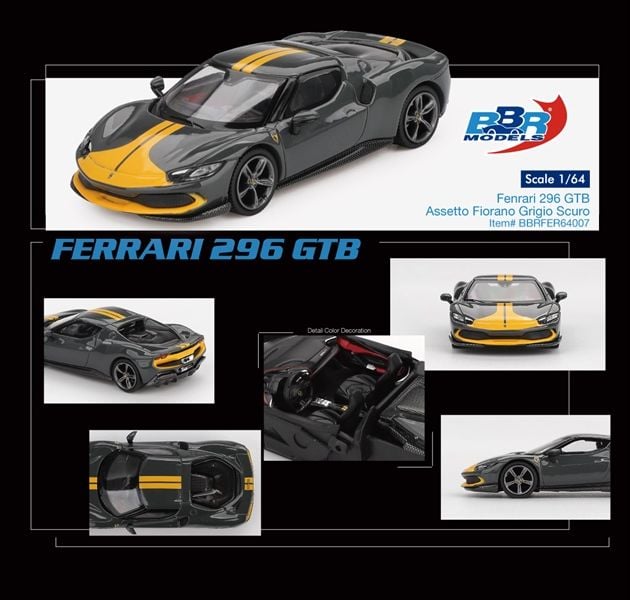  Mô hình xe ô tô Ferrari 296 GTB Assetto Fiorano Grigio Scuro tỉ lệ 1:64 BBR model BBRFER64007 