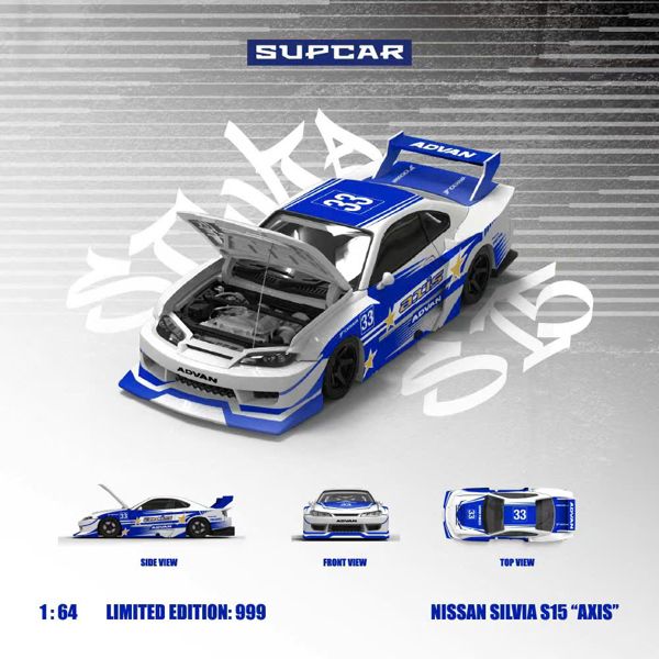 Mô hình xe Nissan Silvia S15 “AXIS” No. 33 Blue and White Livery Die-Cast Car Model tỉ lệ 1:64 SC model SC646011 