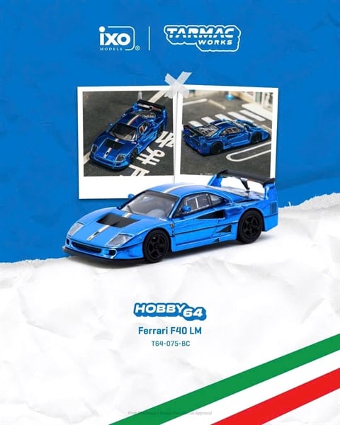  Mô hình xe Ferrari F40 LM Chrome Blue tỉ lệ 1:64 Tarmac Works FT64-075-BC 