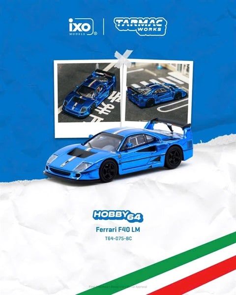  Mô hình xe Ferrari F40 LM Chrome Blue tỉ lệ 1:64 Tarmac Works FT64-075-BC 