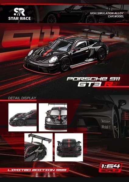  Mô hình xe Porsche 911 GT3 Racing Black/Red line tỉ lệ 1:64 Star Race SR64001 