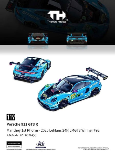  Mô hình xe Porsche 911 GT3 R Manthey 1St Phỏm 2025 Lemans 24h LMGT3 Winner #92 tỉ lệ 1:64 Trends Hobby 241084 