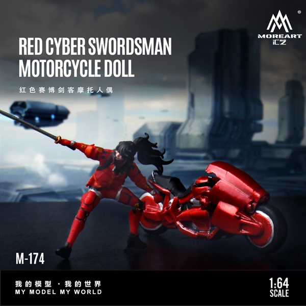  Mô hình nhân vật set xe và figure Red Cyber ​​Swordsman Motorcycle Doll tỉ lệ 1:64 MoreArt MO222174 