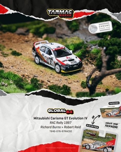  Mô hình xe Mitsubishi Carisma GT Evolution IV (RAC Rally 1997) card tỉ lệ 1:64 Tarmac Works T64G-076-97RAC02 