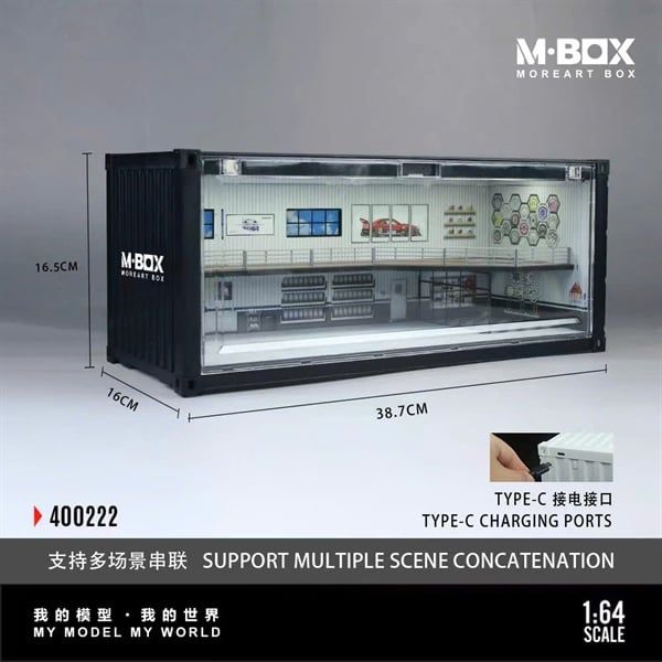  Hộp trưng bày mô phỏng container garage Repair Shop Scene K-Style Simulated có đèn và mica tháo lắp kích thước 38.7 x 16 x 16.5cm tỉ lệ 1:64 MoreArt box MB400222 
