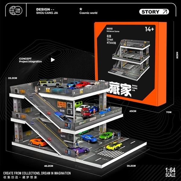 Hộp trưng bày mô phỏng garage trưng bày xe 3 tầng có dốc kích thước 30.2x30.2x22.2 tỉ lệ 1:64 SHOU CANG JIA SCJ-73449 