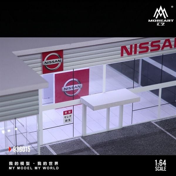  Hộp trưng bày mô phỏng showroom Nissan store có đèn kích thước 30cm x 15cm x 10cmtỉ lệ 1:64 MoreArt MO936015 