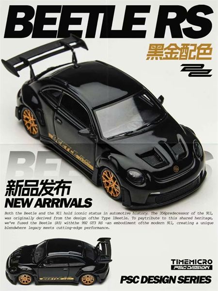  Mô hình xe ô tô Volkswagen Beetle RS Black & Gold Alloy-Finish tỉ lệ 1:64 TimeMicro × PSC DESIGN TM647903 